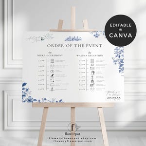 May include: A white wedding event sign on an easel, with a blue floral design and text. The sign displays the "Order of the Event" with sections for the Nikah Ceremony and Walima Reception, including times and event details. The sign is editable in Canva.