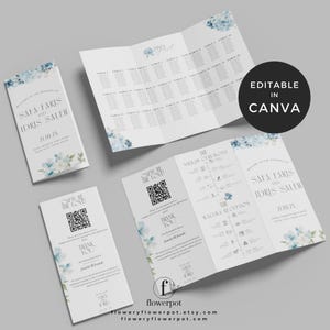 Może przedstawiać: Zestaw papeterii ślubnej, w tym składany plan stołów, broszura z kodem QR i mała karta. Projekty zawierają niebieskie kwiatowe akcenty i elegancką typografię. Tekst zawiera nazwiska "Safa Faris i Idris Saleh".