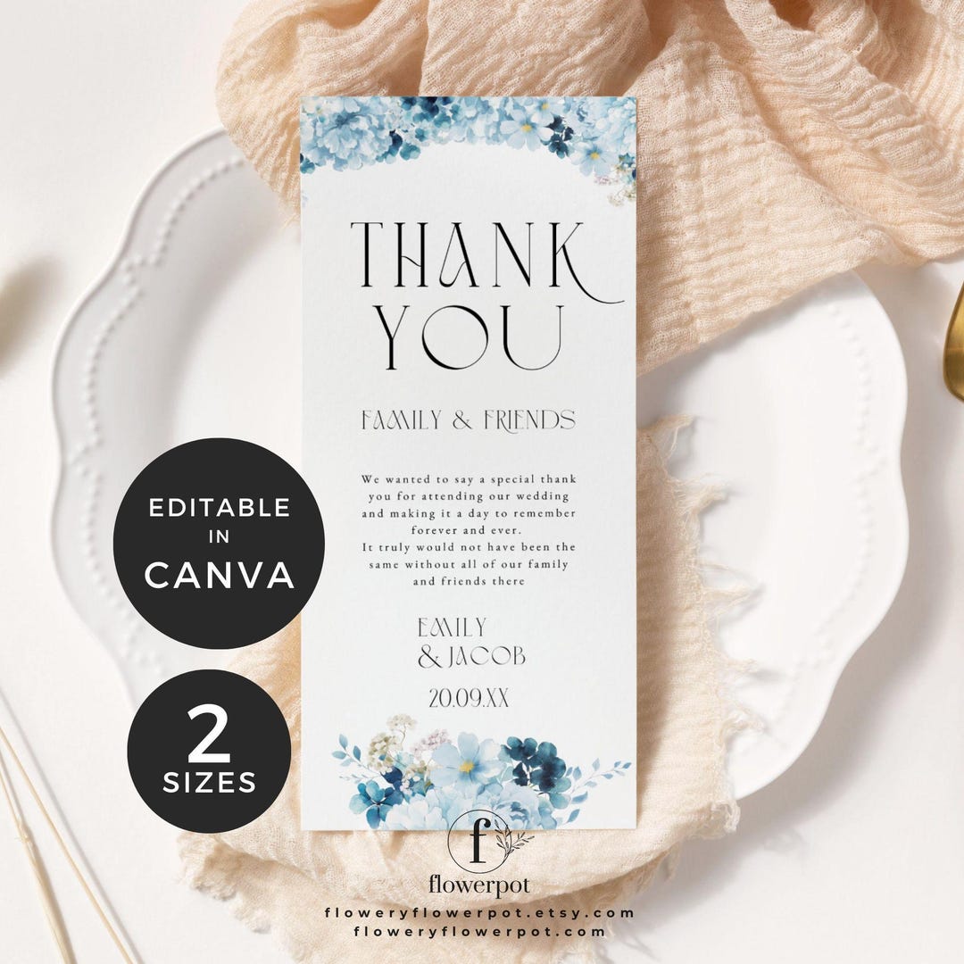 Blue Hydrangea Thank You Note for Wedding Table Canva Download, Thank ...
