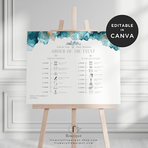 Op de afbeelding: Een trouwevenementbord op een ezel. Het bord heeft bovenaan een turquoise en gouden aquarelontwerp. De tekst "ORDER OF THE EVENT" wordt weergegeven, samen met de namen Aaliyah Noor & Omar Rahman. Het bord is bewerkbaar in Canva.