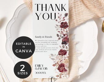 May include: A white thank you card with the words "THANK YOU" in bold black letters. The card is decorated with burgundy floral accents and the text "family & friends". The card also includes the names "EMILY & JACOB".