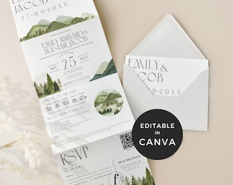 Invitación de boda tríptico de montaña, plantilla de invitación de boda en acordeón, invitación de boda al aire libre con un bosque brumoso, invitaciones de boda todo en uno