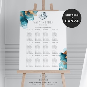 May include: A wedding seating chart with an abstract watercolor background in shades of teal and gold. The chart lists tables 1 through 12 with guest names. The text "SAFA & IDRIS WEDDING" is at the top of the chart. The text "Please find your seat" is below the couple's names.