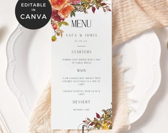 Eleganckie kwiatowe menu weselne na jesień, jesienny szablon weselny, spalone pomarańczowe menu, edytowalny szablon menu weselnego Canva, menu weselne w stylu boho