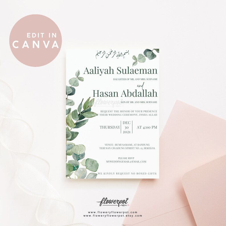 Digital Printable Muslim Wedding Invitation Template Editable with Canva