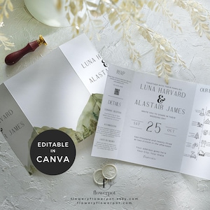 Trifold Mountain Wedding Invitation, Gate Fold Invitation Canva Template, Gatefold Invitation, All in One Wedding Invitation Modern Nature