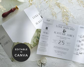 Trifold Mountain Wedding Invitation, Gate Fold Invitation Canva Template, Gatefold Invitation, All in One Wedding Invitation Modern Nature