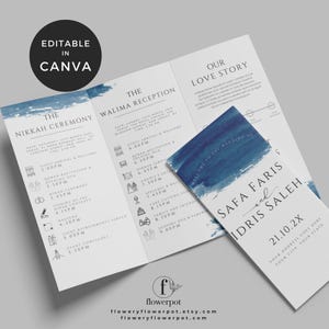 May include: A blue and white wedding invitation with a watercolour design. The invitation includes the names Safa Faris and Idris Saleh, the date 21.10.2X, and the text "Welcome to the Wedding of".