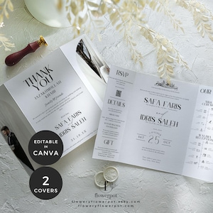 Trifold Muslim Wedding Invitation with Picture, Gatefold Wedding Invites with QR Code Template, Islamic Wedding Program Template, All In One