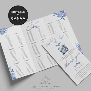 May include: A white wedding seating plan with blue floral details and guest names arranged by table. Includes a matching card with a QR code and the text "Capture the love!" and "thank you."