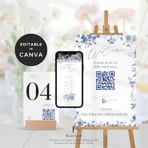 Digitale stoelentabel QR, blauwe chinoiserie bruiloft stoelentabel, alfabetische stoelentabel bruiloft, welkomstbordprogramma trouwwebsite