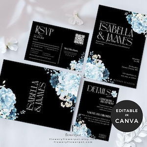Hydrangea Wedding Invitation Suite Template, Dark Floral Wedding Invitation Suite, RSVP with QR Code Template, Detail RSVP Card template