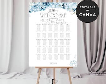 Muslim Wedding Seating Chart for 300 Guests, Blue Hydrangea Seating Chart, Blue Floral Welcome Signs, Blue Hydrangea Wedding Seating Plan