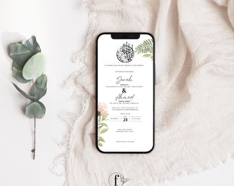 Plantilla de invitación de boda musulmana digital, invitación de boda electrónica, invitación de boda islámica, Canva de invitación móvil, Nikkah Evite FPW001