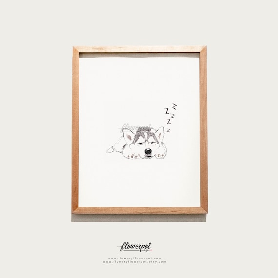 Printable Poster Cute Sleeping Siberian Husky Drawing Illustration, Relaxing Pet Nursery Wall Art Decor in Simple and Minimalist Home Decor