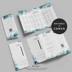 以下が含まれることがあります： 結婚式の文房具セット。ティールとゴールドの水彩デザイン。テーブルカード、メニュー、座席表、招待状が含まれており、Luna HarvardとAlastair Jamesの名前が記載されています。「Editable in Canva」というテキストも表示されています。