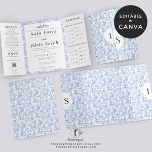 May include: A blue and white floral patterned wedding invitation with the names Safa Faris and Idris Saleh, the date September 27, 2023, and the words "Our Days" and "Nikkah Ceremony" and "Walima Reception".