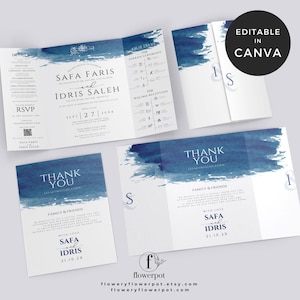 May include: A blue watercolor wedding invitation with the names Safa Faris and Idris Saleh, the date September 27, 20xx, and the text "Our Days" and "The Nikkah Ceremony".