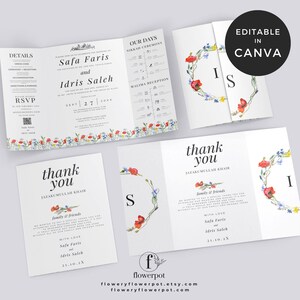 May include: A tri-fold wedding invitation with a floral design. The front panel features the names "Safa Faris" and "Idris Saleh" with the date "Sept 27, 202X". The back panel has the text "Thank You" and the phrase "Jazakmullah Khayr".