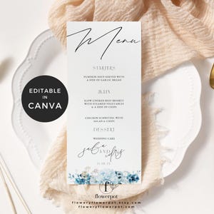 Blue Hydrangea Wedding Menu, Wedding Dinner Menu Canva Template, Wedding Menu Floral Design Template, Flower Wedding Menu, Rustic Menu Card
