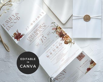 Invitación de boda vintage burdeos otoñal, plantilla Canva para invitaciones de boda tríptico, invitación en acordeón con fotos, invitaciones todo en uno