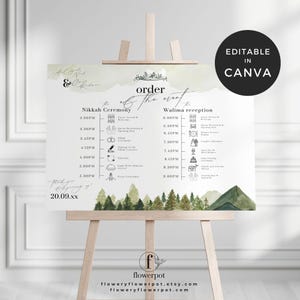 May include: A wedding order of events sign displayed on a wooden easel. The sign has calligraphy text and watercolor illustrations. The text includes "Nikkah Ceremony" and "Walima reception" with times and event details. The sign is editable in Canva.