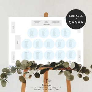 Diagrama de asientos para bodas, plano de asientos para bodas de 14 mesas, plano de asientos para bodas en estilo chinoiserie azul, plano de asientos para mesas en azul polvoriento