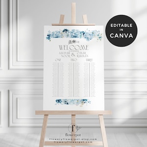 May include: A white wedding seating chart with blue floral accents and the text "WELCOME". The chart is displayed on a wooden easel. The text "EDITABLE IN CANVA" is in a black circle in the upper right corner. The Etsy shop name is at the bottom.
