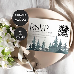Modèle de carte RSVP de forêt brumeuse, carte de RSVP de mariage en montagne avec code QR, carte de réponse de mariage dans les bois, modèle de carte postale de RSVP rustique, MOD