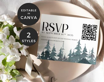 Misty Forest RSVP Card Template, Mountain Wedding rsvp Card with QR code, Woodland Wedding Response Card, Rustic Rsvp Postcard Template, MOD