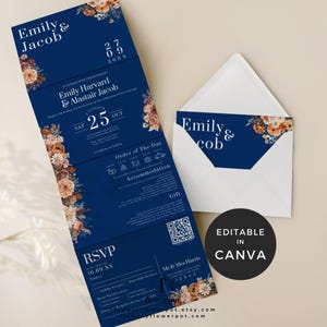May include: A navy blue wedding invitation suite with floral detailing. The invitation displays the names "Emily & Jacob" and event information. Includes an envelope with a matching design and the text "Editable in Canva".