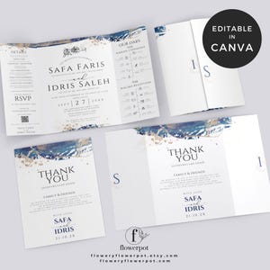 May include: A wedding invitation suite with a blue and gold watercolour design. The invitation features the names "Safa Faris" and "Idris Saleh" with the date "Sept 27 20XX". The thank you card features the text "Thank You" and "JazakumuLlah Khair".