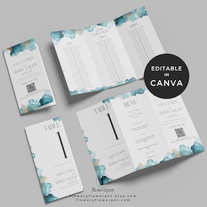 Puede incluir: Juego de papelería de boda con un plano de asientos tríptico, tarjetas de mesa y menú. Los diseños tienen un fondo blanco con acentos de acuarela turquesa y dorada. El texto incluye nombres, fechas y números de mesa. También se ve el texto "Editable in Canva".