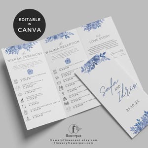 May include: A tri-fold wedding programme with a blue watercolour floral design. The programme includes the order of events for the Nikkah ceremony and the Walima reception. The names Safa and Idris are featured on the front cover.