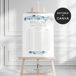 Long Table Wedding Seating Chart, Blue Hydrangea Wedding Seating Chart Signage Template, Blue Floral Wedding Seating Plan Chart Sign Canva