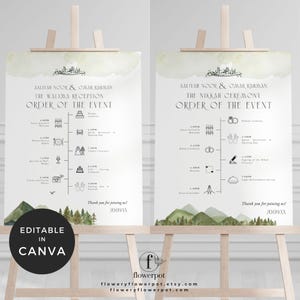 May include: Two white wedding event signs on wooden easels. The signs feature event schedules with calligraphy and illustrations. The signs are labeled "The Walima Reception" and "The Nikah Ceremony". The signs are decorated with watercolor mountain and tree illustrations.