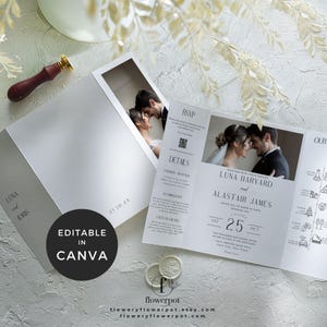 Trifold Wedding Invitations with Picture, Gatefold Wedding Invites with QR Code Templated, All in One Invitation, Wedding Program, MID