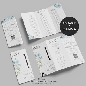 Può includere: Set di cancelleria per matrimoni con un tableau de mariage a tre ante, segnaposto e un menu. I disegni sono bianchi con eleganti accenti floreali blu e i nomi "SAFA FARIS E IDRIS SALER". Il testo "EDITABLE IN CANVA" è visibile.