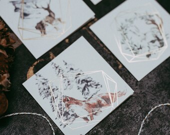 Conjunto de cartões de Natal / folha prensada / relevo dourado e prateado / cartão de papel / cartão festivo / animais em aquarela / cartões com ilustrações de inverno