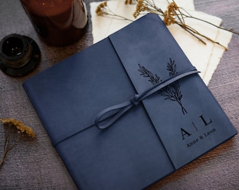 Customized guest book in rustic leather covers with laser engravement // personalized wedding guest book