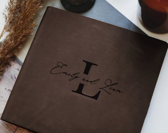 Customized guest book in rustic leather covers with laser engravement // personalized wedding guest book