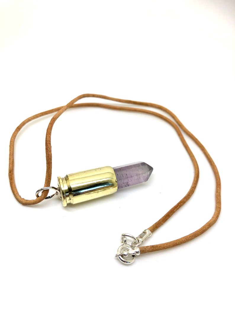 amethyst bullet pendant necklace on leather cord with sterling silver image 1