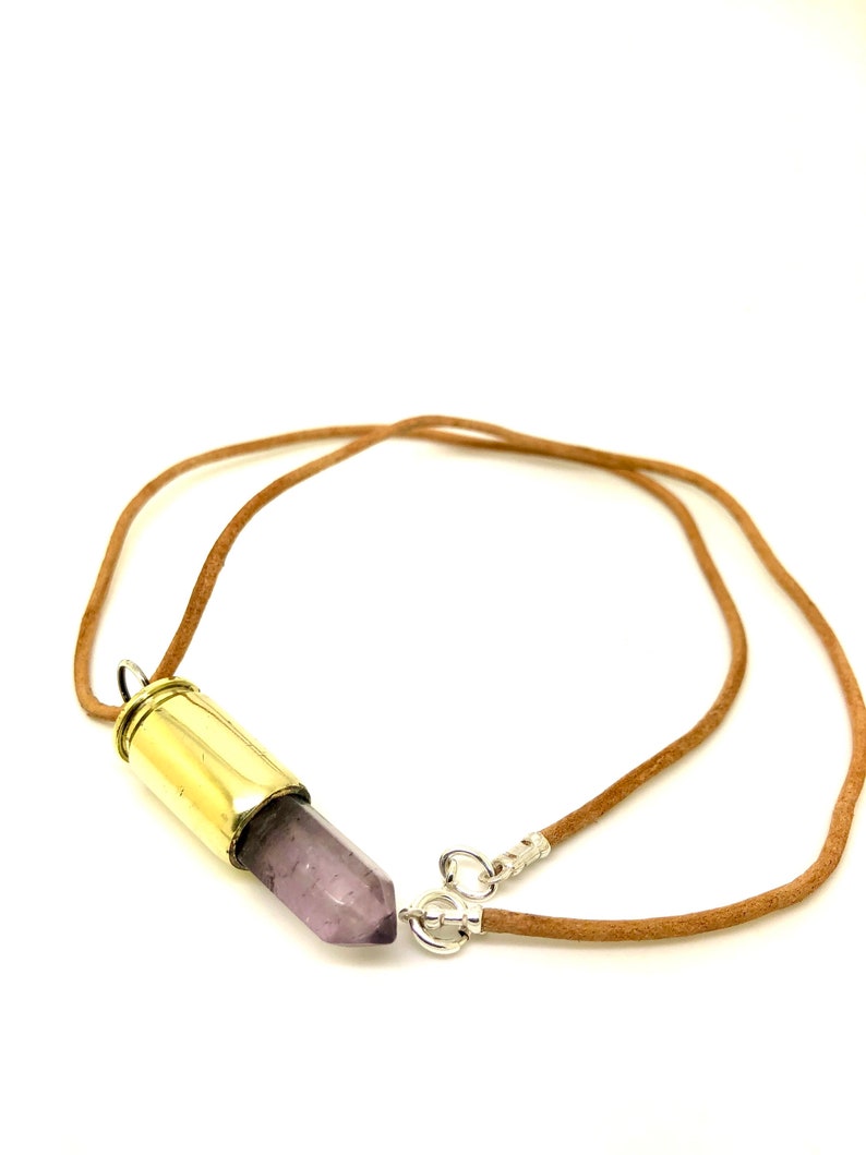 amethyst bullet pendant necklace on leather cord with sterling silver image 2