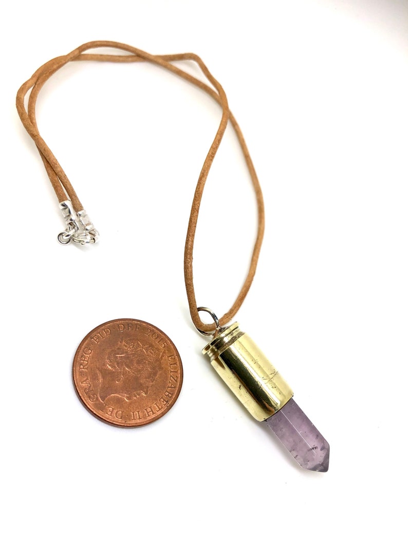 amethyst bullet pendant necklace on leather cord with sterling silver image 4
