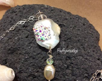 Huge freshwater cultured pearls with crystal elements on a 925 sterling silver chain