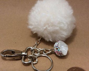 Wool pom pom & clear quartz rough nugget decorated with crystals key ring or bag charm