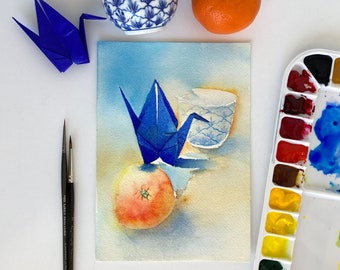 Original watercolour painting A5: blue paper crane, mandarin and a tea cup