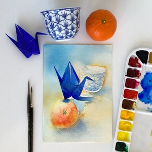 Original watercolour painting A5: blue paper crane, mandarin and a tea cup image 1