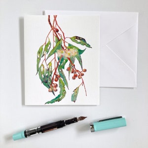 Flowering eucalyptus greeting card blank inside, individual or pack of three cards