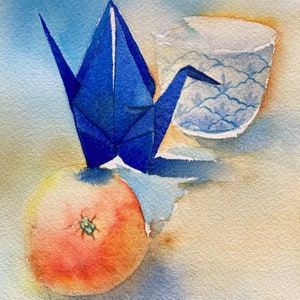 Original watercolour painting A5: blue paper crane, mandarin and a tea cup image 2